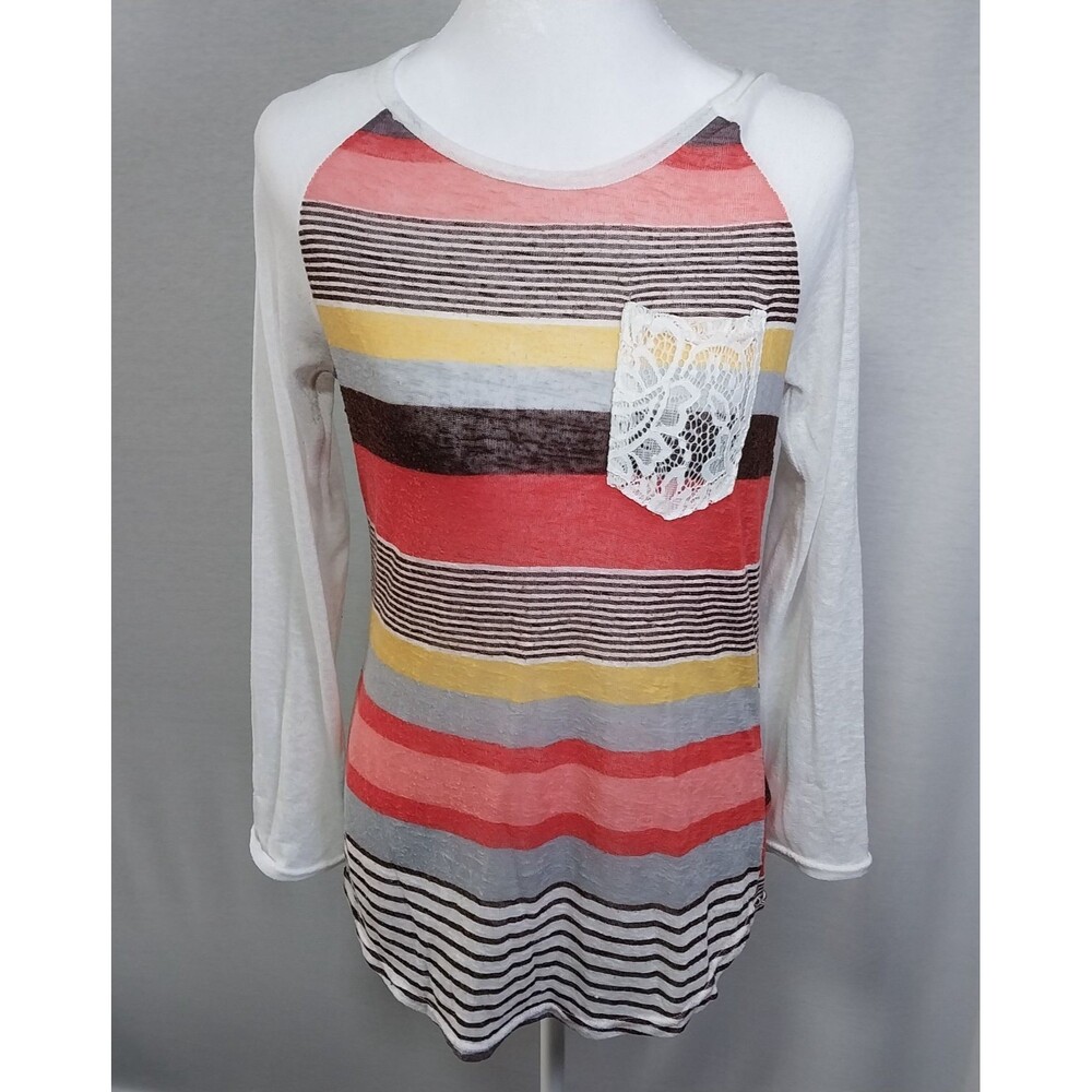 Womens Multicolor Striped Raglan Sheer Long Sleeve Shirt Lace Pocket Size Medium